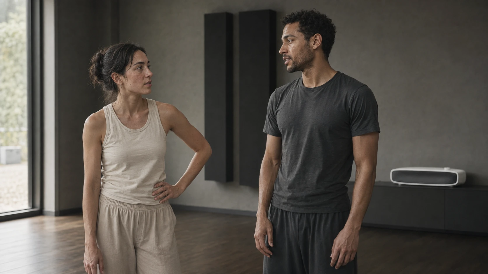 Two fictional AUVRA performers in ivory and charcoal cotton, lit by soft window light.