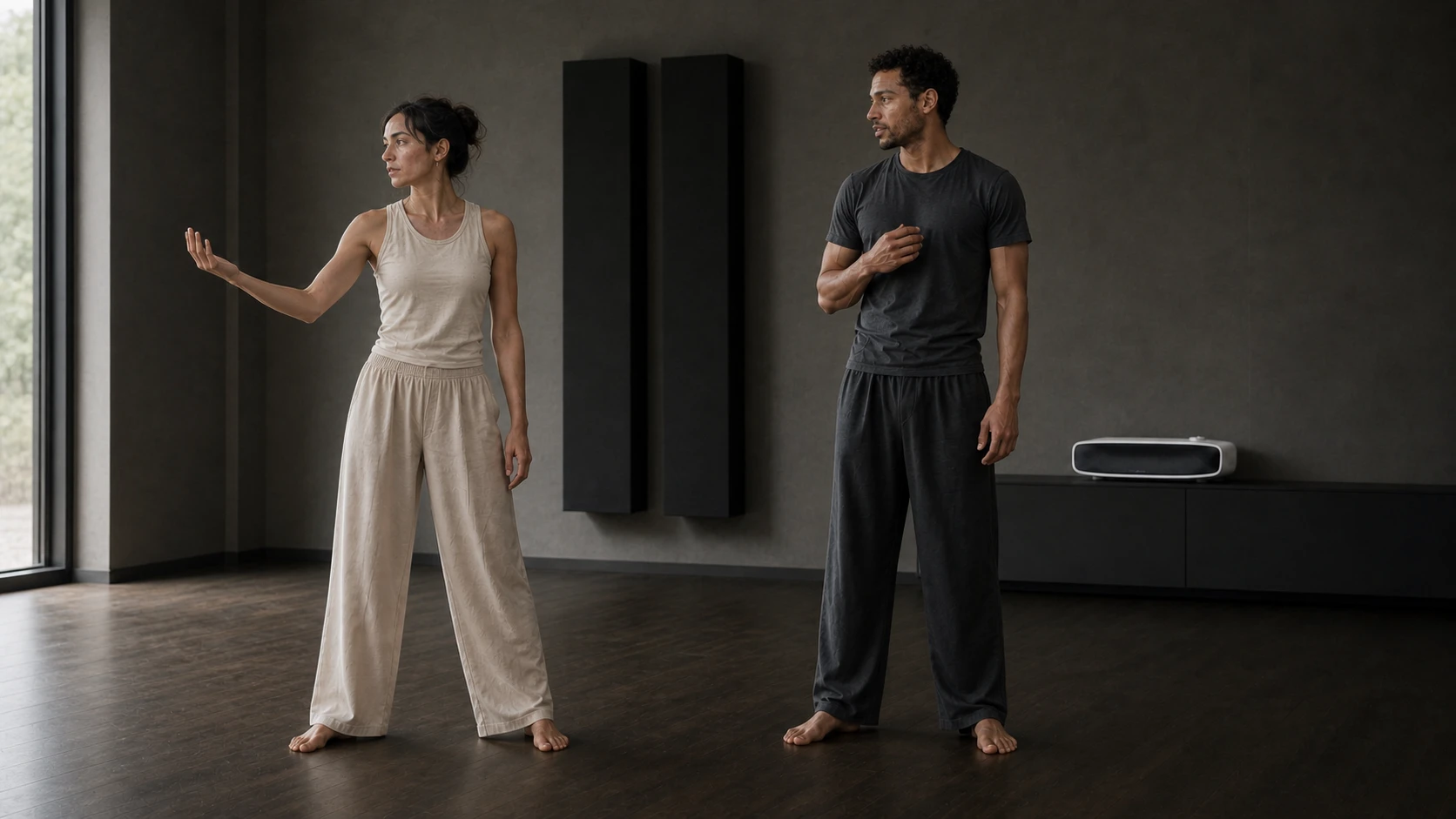 AUVRA performers in different phases of a wrist and chest-opening gesture.