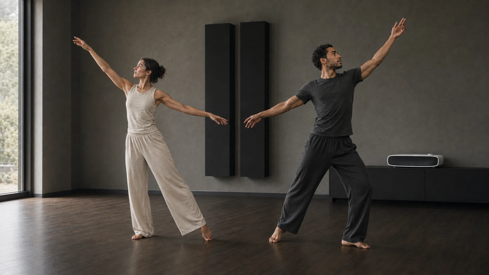 Two dancers in ivory and charcoal extend into complementary gestures, with an AUVRA speaker behind them.