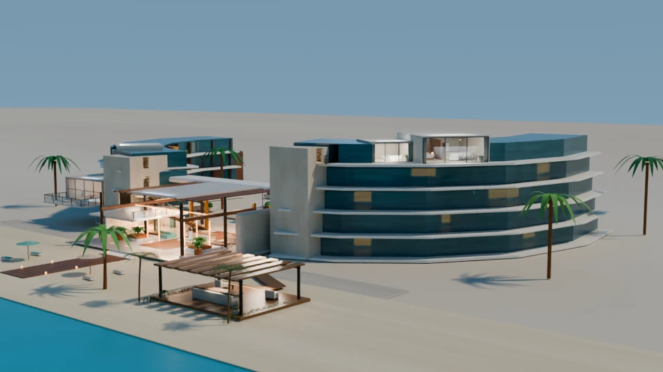 Direct Blender render showing the modeled resort, surrounding terrain, sea and camera framing.