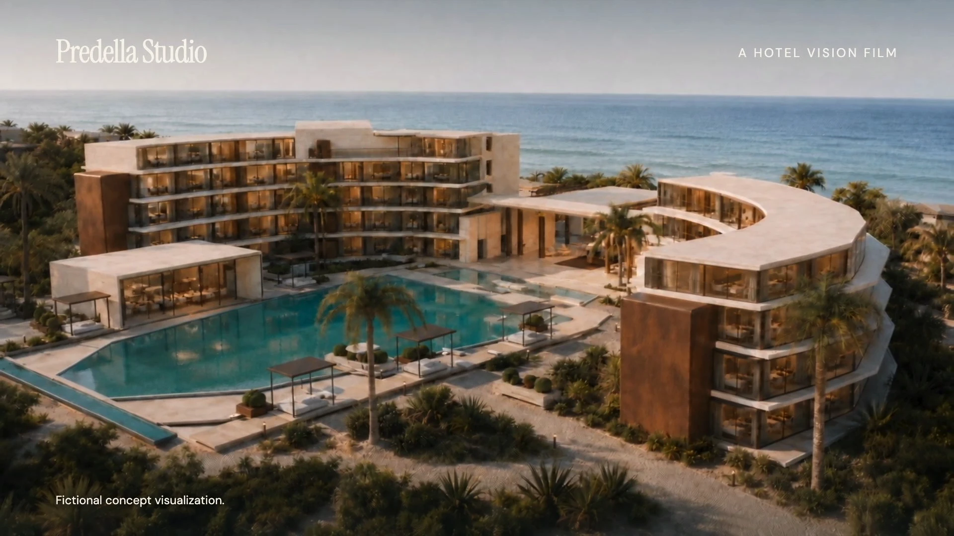Tidecourt film frame at eight seconds looking down across a blue courtyard pool, stone terraces and shaded seating.