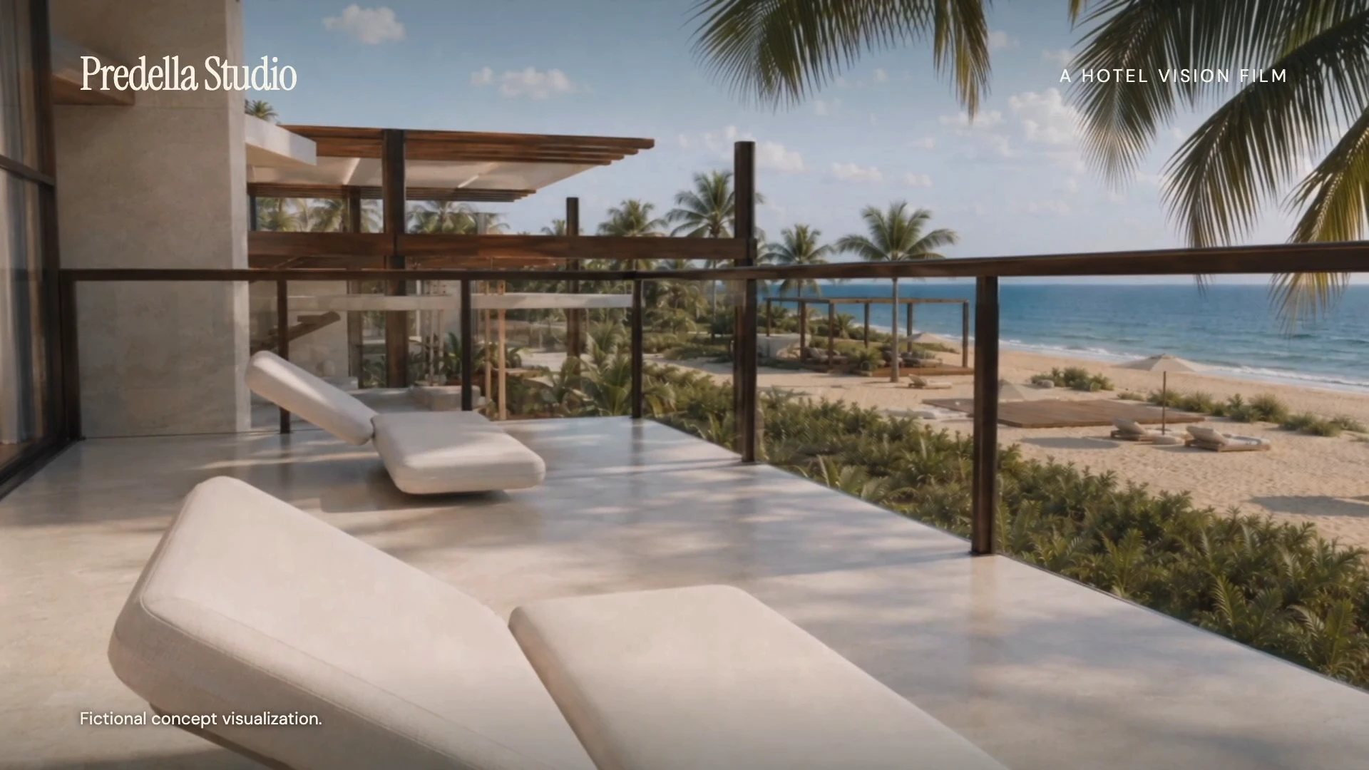 Tidecourt campaign frame at eighteen seconds showing pale loungers on a glass-fronted terrace overlooking palms and the beach.