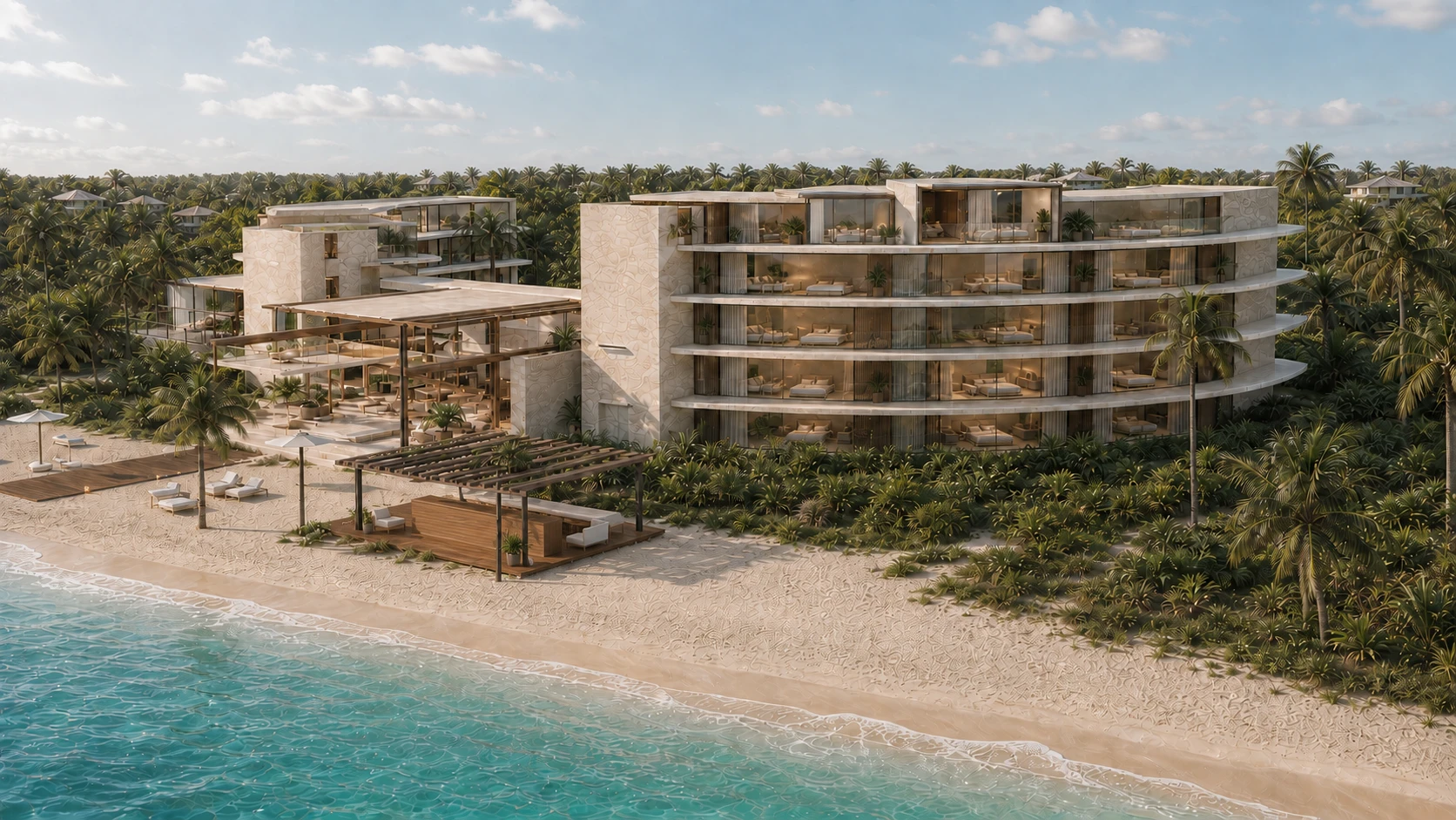 Generated coastal daylight reference interpreting the resort in a photographic tropical setting.