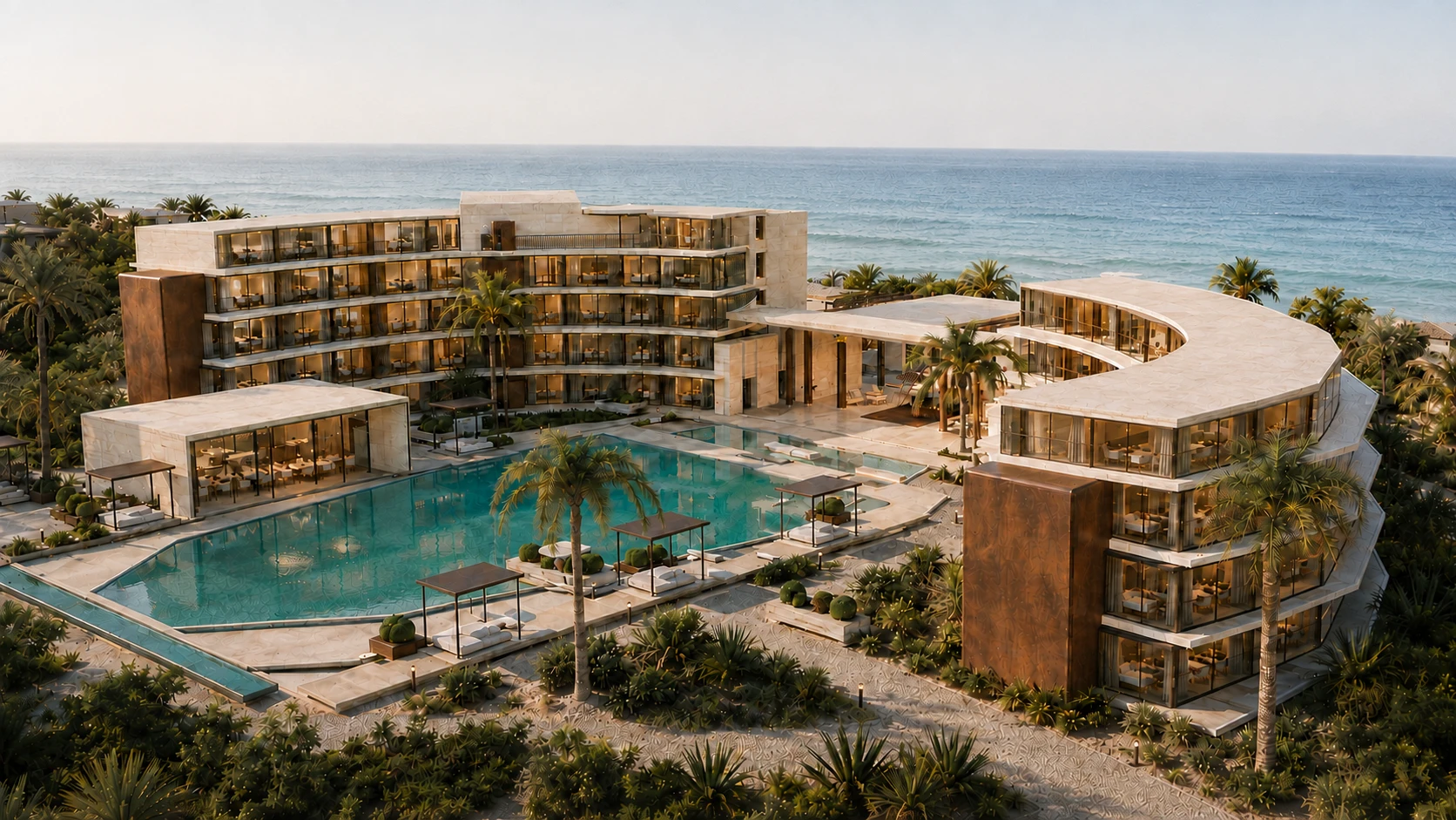 Two curved stone resort wings surround a pool courtyard facing the sea.